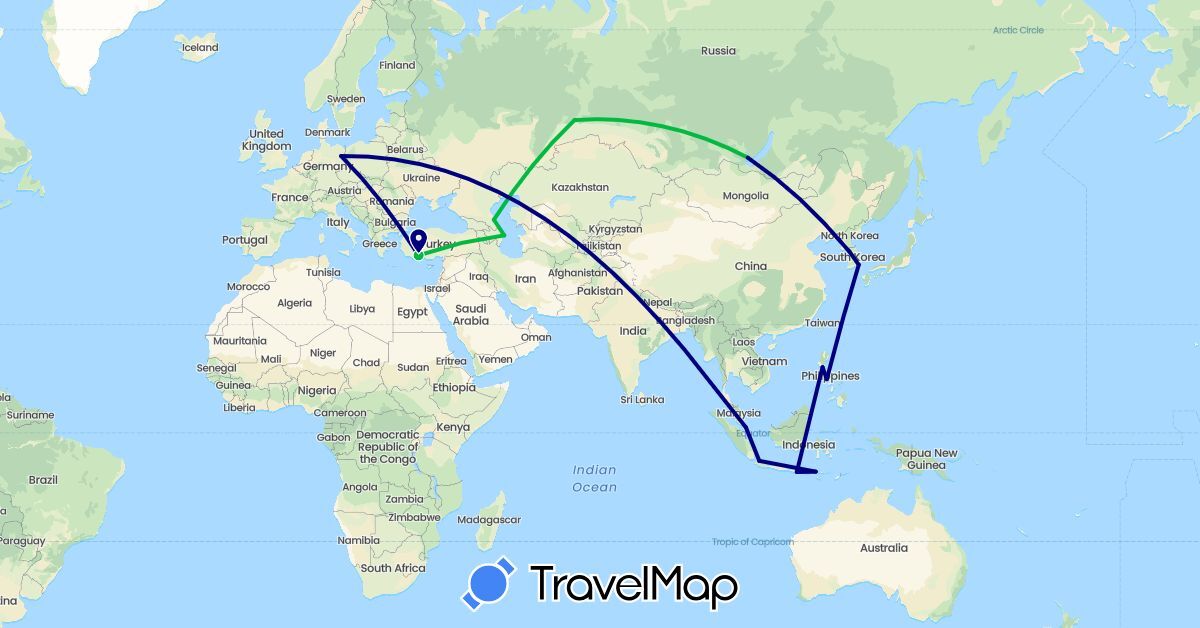 TravelMap itinerary: driving, bus in Azerbaijan, Germany, Indonesia, South Korea, Philippines, Russia, Singapore, Turkey (Asia, Europe)